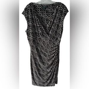 Ralph Lauren LRL Dress Size 18 Black & Off White Geometric Stretch Ruched EUC